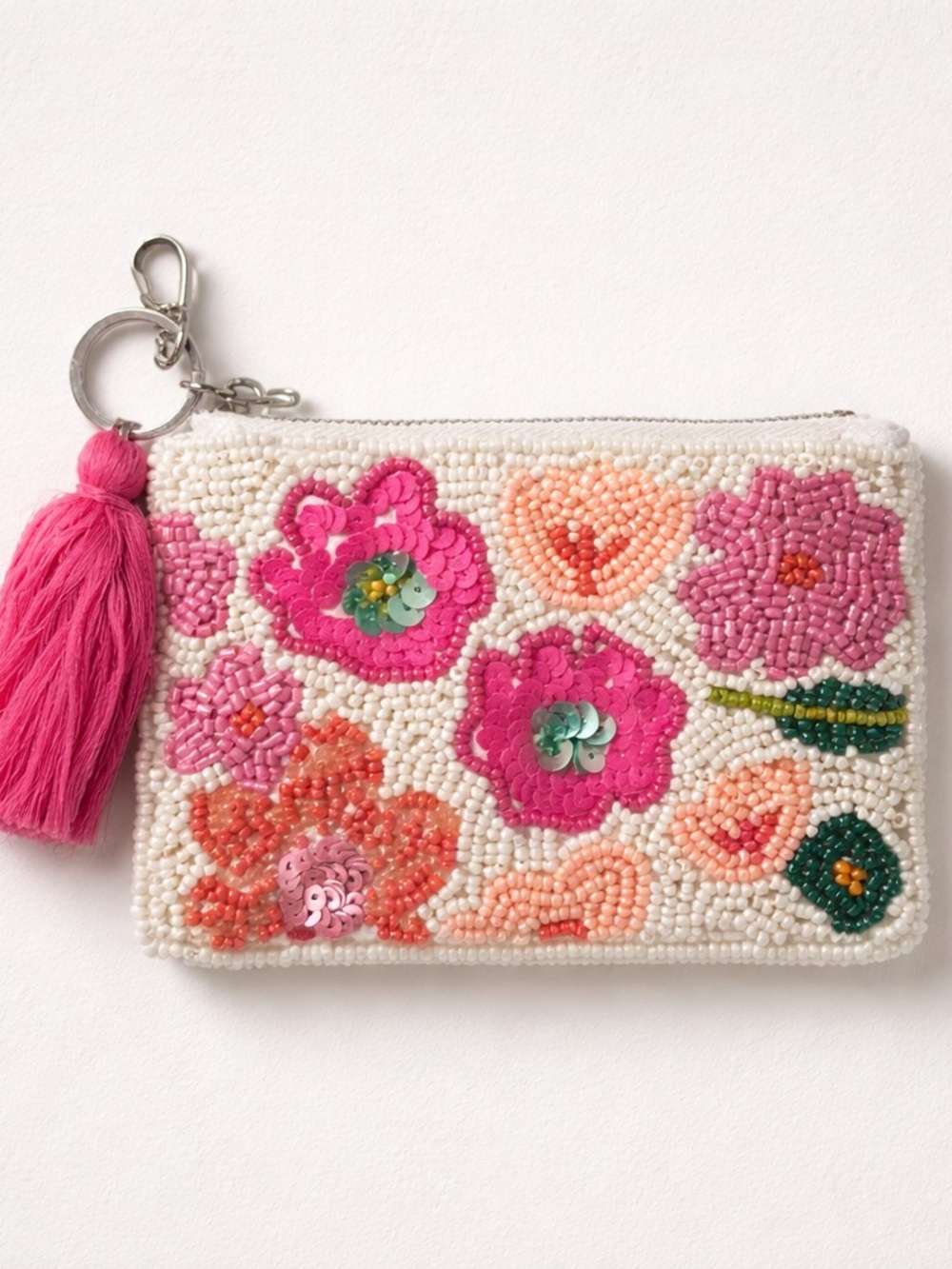 Made in India Beaded Floral Tassel Wallet  Pouch - Pink